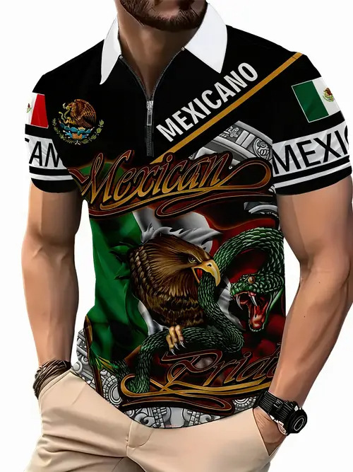 2025 nuevo estilo europeo y americano transfronterizo Amazon casual todo-fósforo patrón de bandera de manga corta cremallera camisa POLO MB13