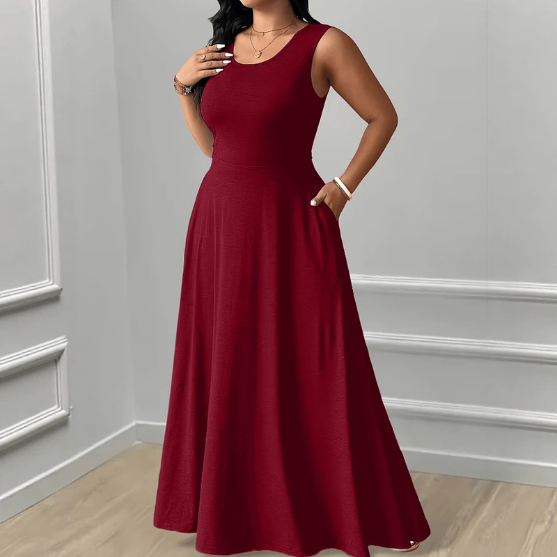 2026 Summer New Elegant Slim-Fit Round Neck Tie-Back Dress with Side Pockets in Solid Color Plus Size Women's Dress