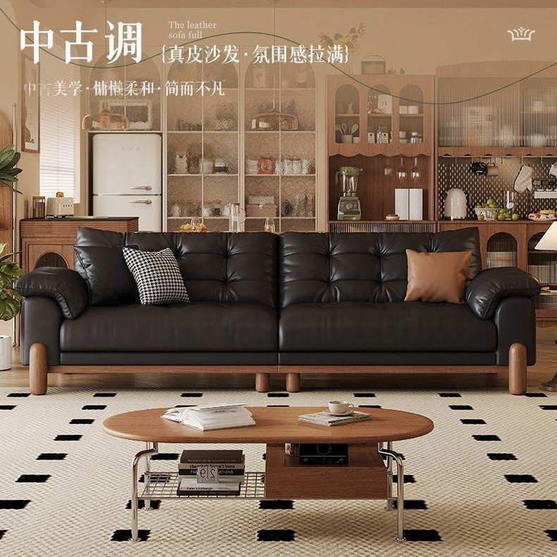 Vintage-Style Genuine Leather Sofa for Living Room, Simple Small Apartment, Black Top-Layer Cowhide, Cloud Retro Style, Straight Three-Seater