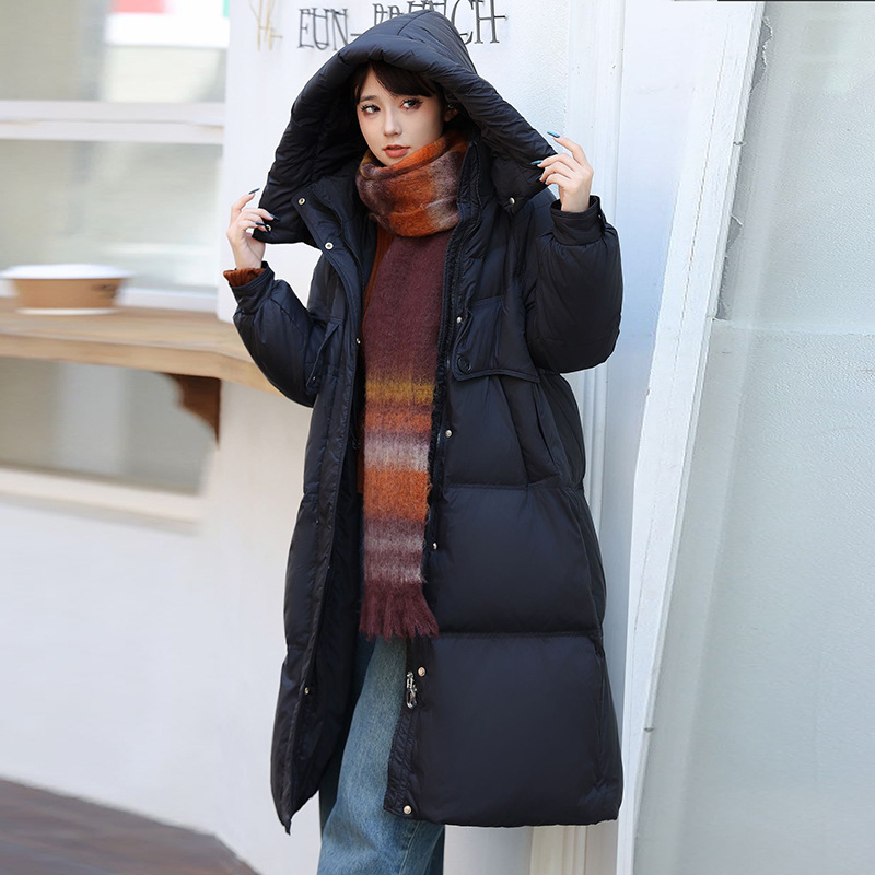 高端鹅绒长款羽绒服女2025冬新款加厚连帽时尚宽松大口袋过膝外套|undefined