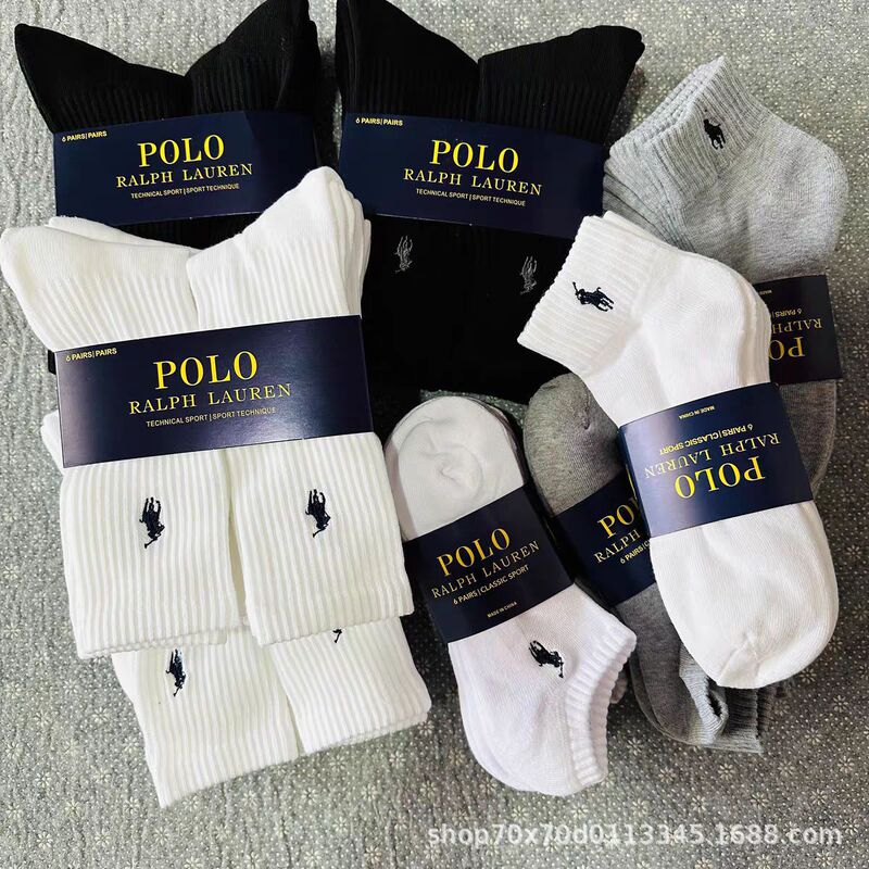 Foreign Trade Polo Paul Lauren Embroidered Towel Bottom Socks Mid-Length Casual Sweat-Absorbent Breathable Sports Socks for Men and Women