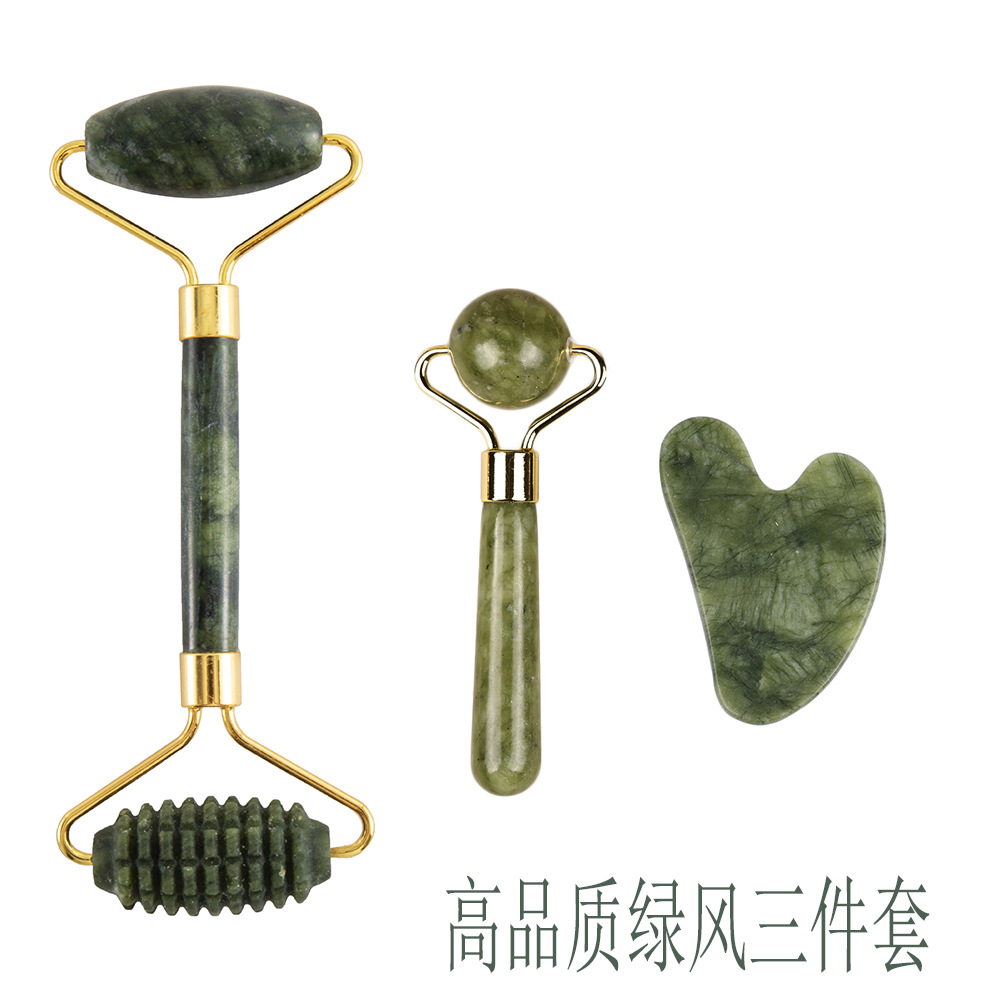 Juego de tres piezas de rodillo de jade natural y tabla de gua sha, dispositivo de belleza para masaje facial, lámina de gua sha facial, fabricante de rodillos de jade