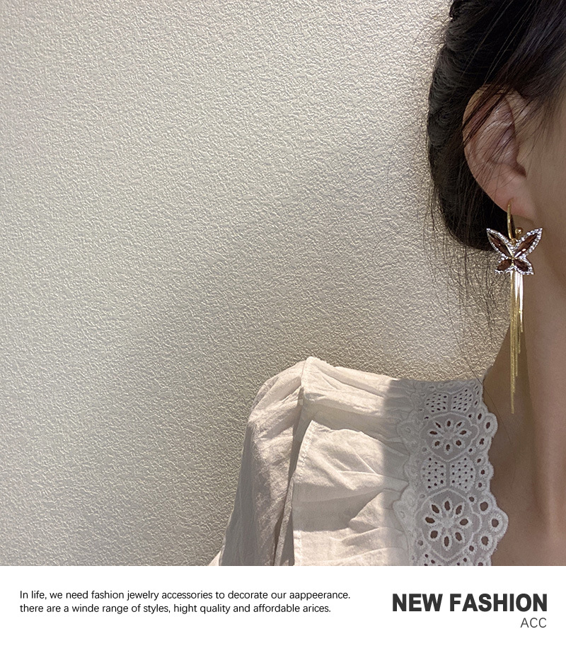 Korean simple exaggerated full diamond earrings long tassel butterfly earringspicture4