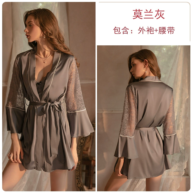 Гибкий Sexy pijama, кружевной халат, комплект, европейский стиль, V-образный вырез