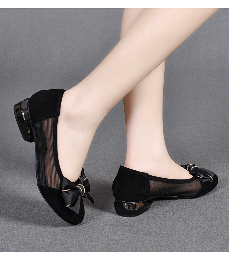 Giày da nữ mũi tròn gót thô đế mềm nơ bướm lưới thoáng khí — Màu đen chi tiết 10