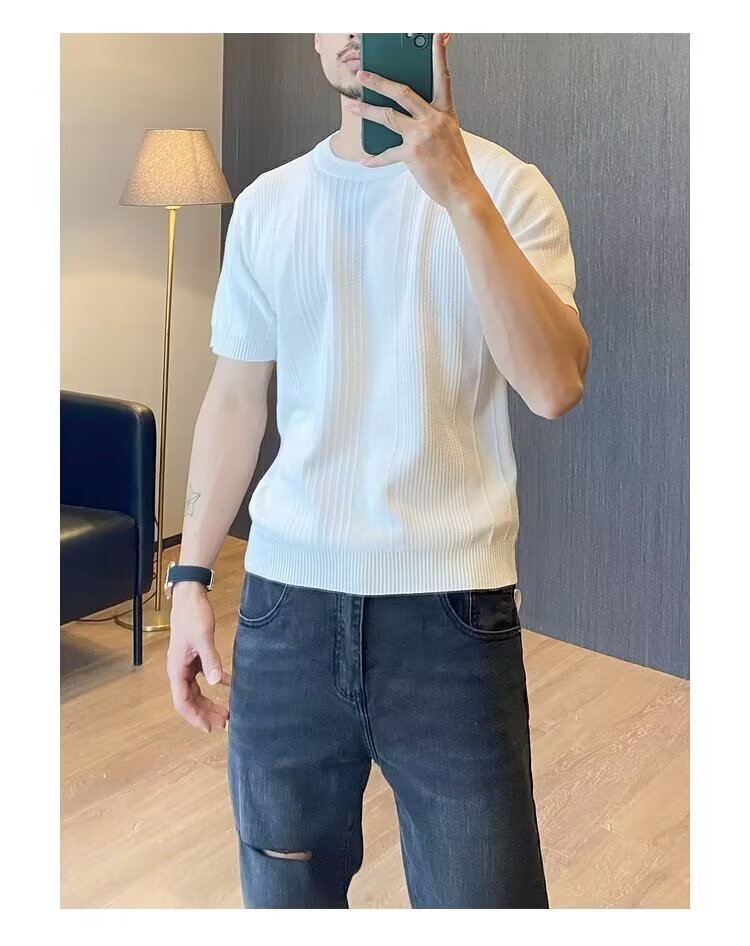 Men's Slim Fit Ice Silk Knit T-Shirt Short Sleeves Round Neck Summer Style Vertical Stripes Mature Simple Design_viptrois.com