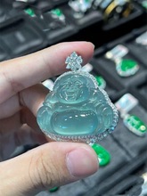 A货缅甸天然蓝水翡翠冰种佛公玉吊坠18K金镶嵌天空蓝玻璃种弥勒佛