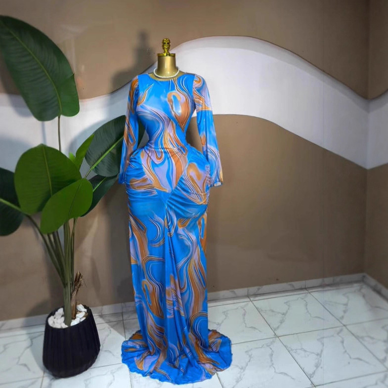 In-Stock 2026 Cross-Border European and American Women's Long-Sleeve Autumn Ins Printed Mesh Ruched Long Dress Party Gown Dress