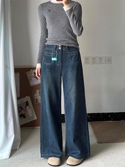 复古蓝高腰阔腿牛仔裤女春秋新款大码梨形身材宽松显瘦拖地直筒裤