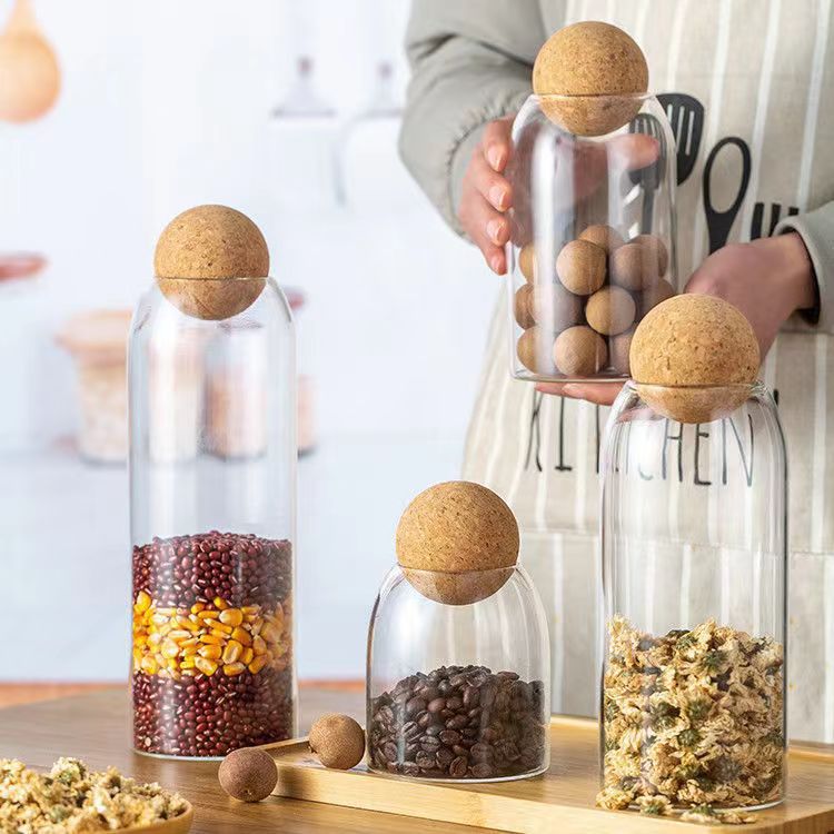 Tanque de almacenamiento de grado alimenticio al por mayor de fábrica, tanque sellado de té de almacenamiento, tanque de vidrio de corcho de bola transparente de gran capacidad