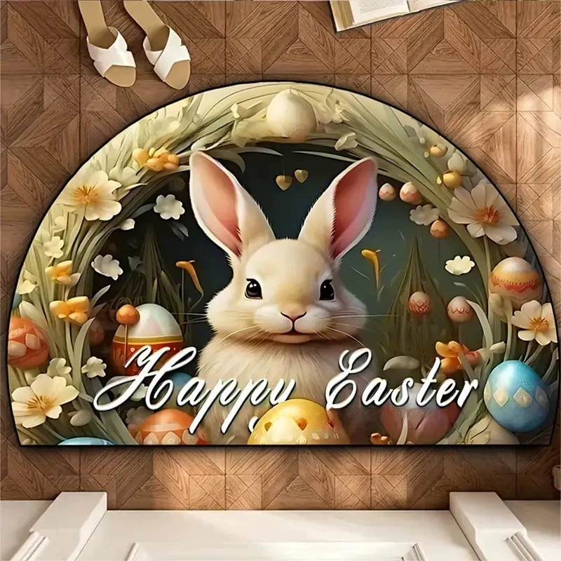 TEMU Пасхальный кролик Полукруглый коврик для входной двери Трансграничный мультяшный противоскользящий напольный коврик для входа Кристаллический бархатный коврик для ног с принтом