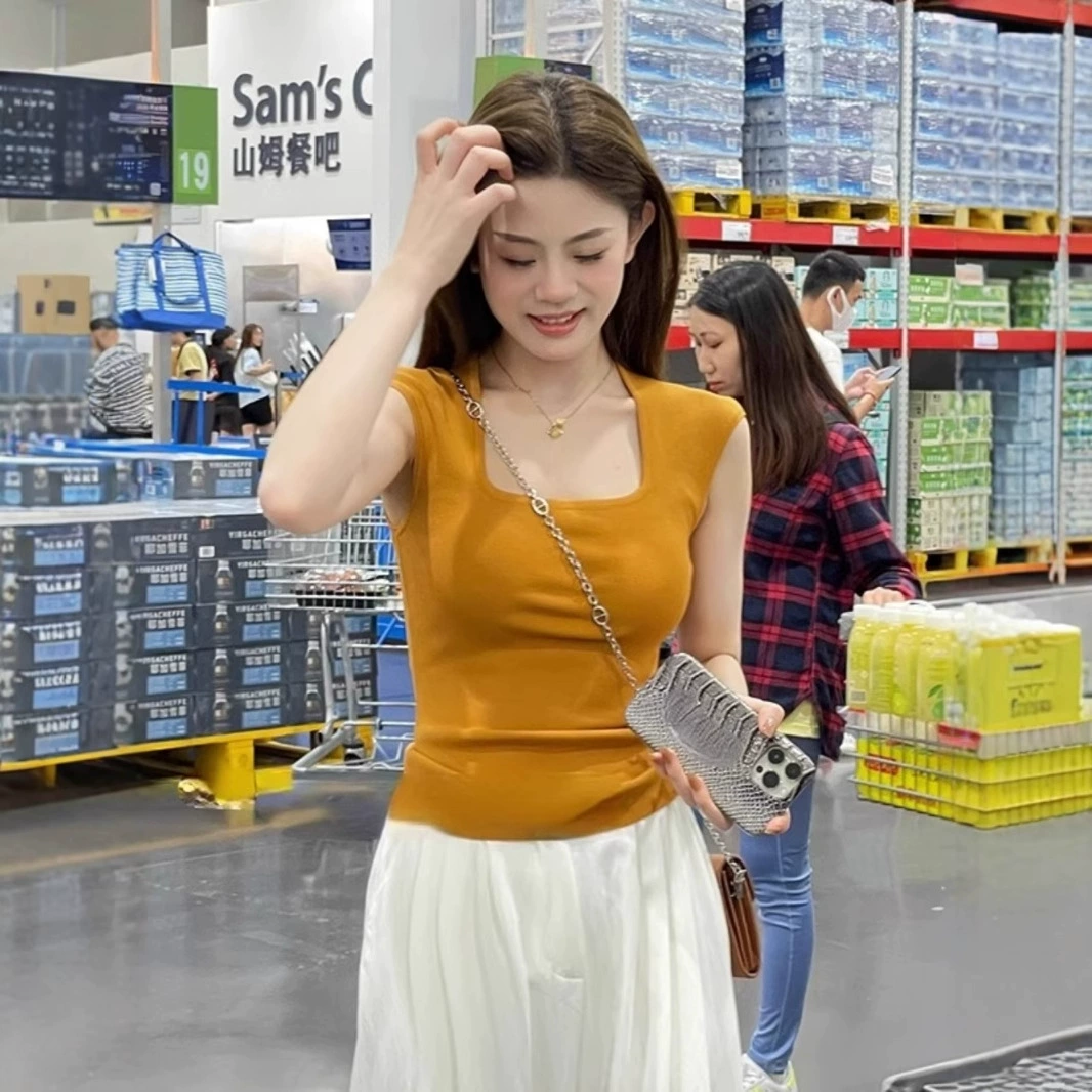 Женский свитер без рукавов во французском стиле с квадратным вырезом, летний новый дизайн, тонкий короткий топ в западном стиле