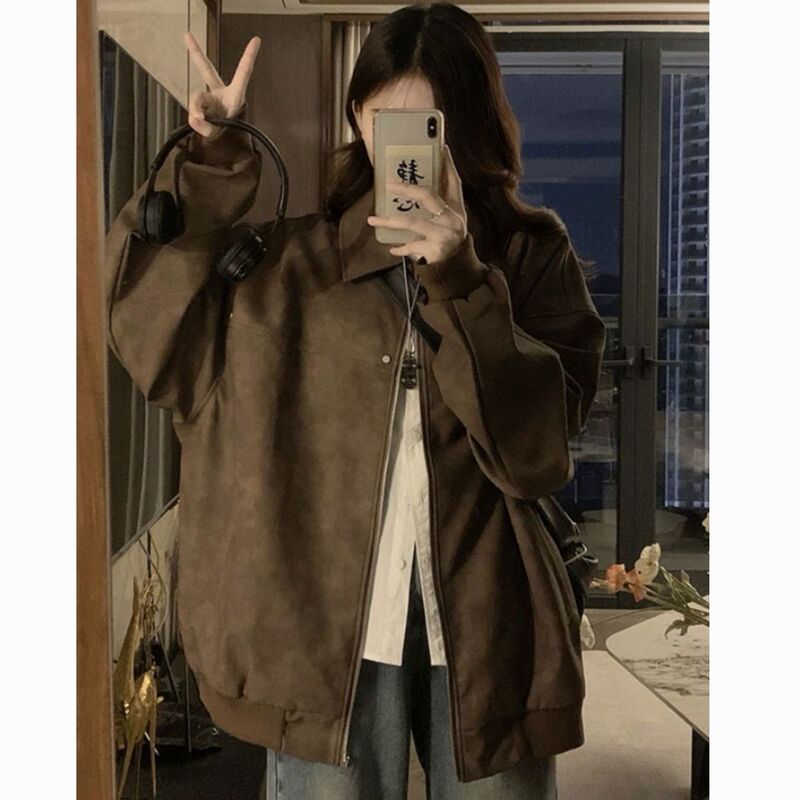 American Retro Brown Lapel Jacket Women's Leather Jacket Spring and Autumn Style Faux Suede Pu High-End Jacket with Zipper American Retro Brown Lapel Jacket Women's Leather Jacket Spring and Autumn Style Faux Suede Pu High-End Jacket with Zipper