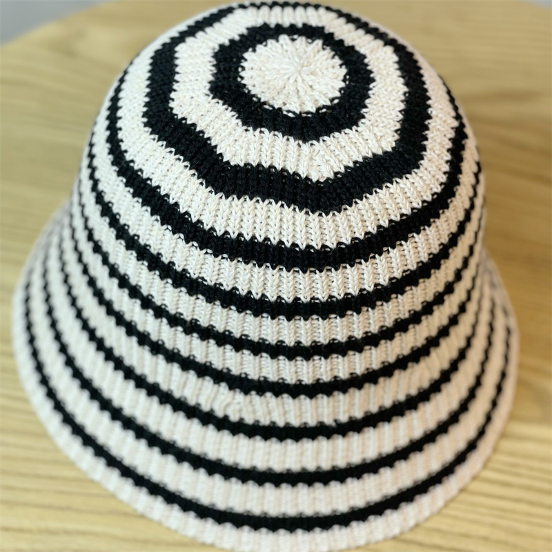New Hat for Women's Casual Shopping Striped Fisherman Hat, Korean Version, Fashionable and Versatile Knitted Round Top Basin Hat, Foldable and Trendy_voghion.com