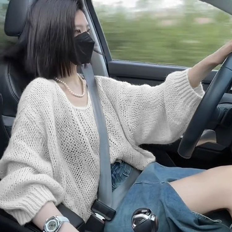 温柔软糯马海毛镂空针织衫女春秋慵懒韩版穿搭宽松毛衣罩衫上衣潮|undefined