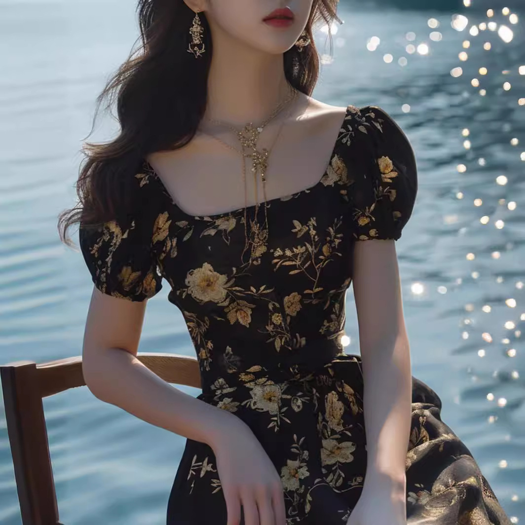 Đầm maxi nữ in họa tiết đen khí chất kiểu Pháp mùa hè — Màu đen