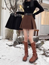 复古毛呢加厚A字半身裙女秋季2024新款辣妹高腰显瘦百褶短裙小个