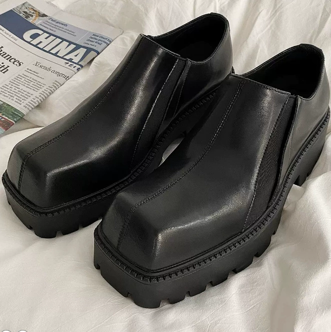 Премиум чувство воловьей кожи с толстой подошной 5CM Lefu обувь мужской 2024 новый ретро один педаль высокая улица ветер квадратный кожаный туфли