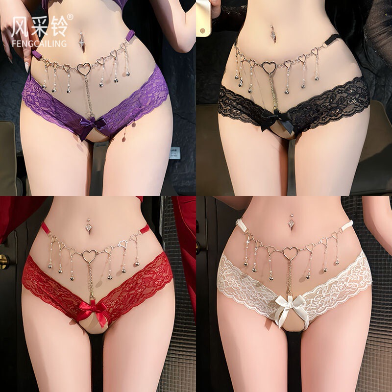 Wholesale foreign trade bell chain lace see-through open crotch sexy panties, no-removal chain women's thong F332 Wholesale foreign trade bell chain lace see-through open crotch sexy panties, no-removal chain women's thong F332