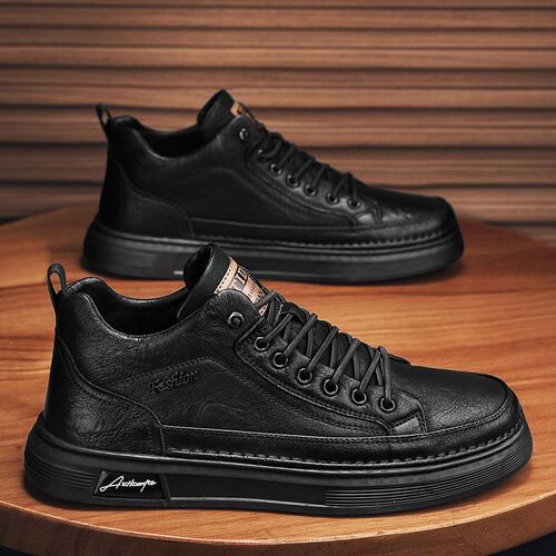 Spring Men's Breathable Waterproof Chef Shoes Men's Trendy Versatile Black Leather Shoes Athletic Casual Platform Shoes Men