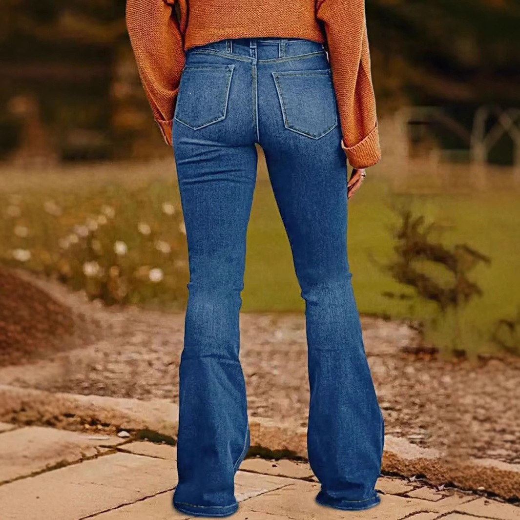 Jeans Acampanados para Mujer de Mezclilla de Algodón, Elástico, Cintura Media para Uso Diario