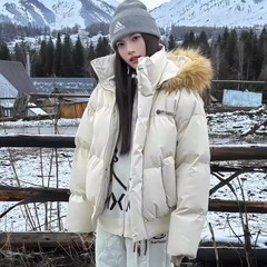 棉衣美式加厚ins羽绒棉服女短款pu皮复古韩版小个子大毛领学院风