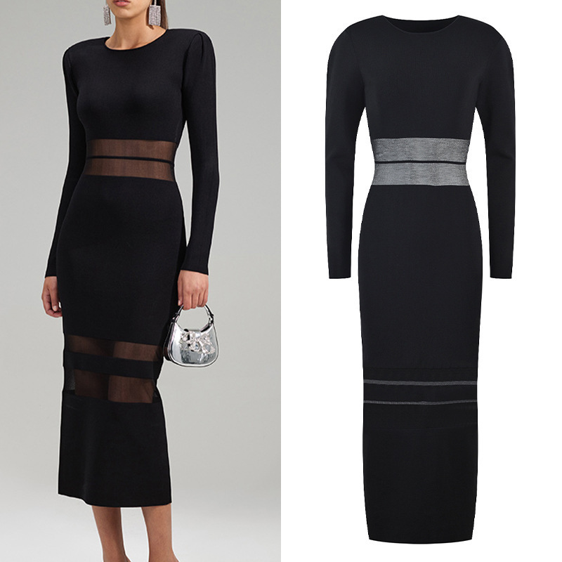 2025 Autumn New Knitted Lace Patchwork Mesh Bodycon Long Dress French Style Commuter Knit Dress