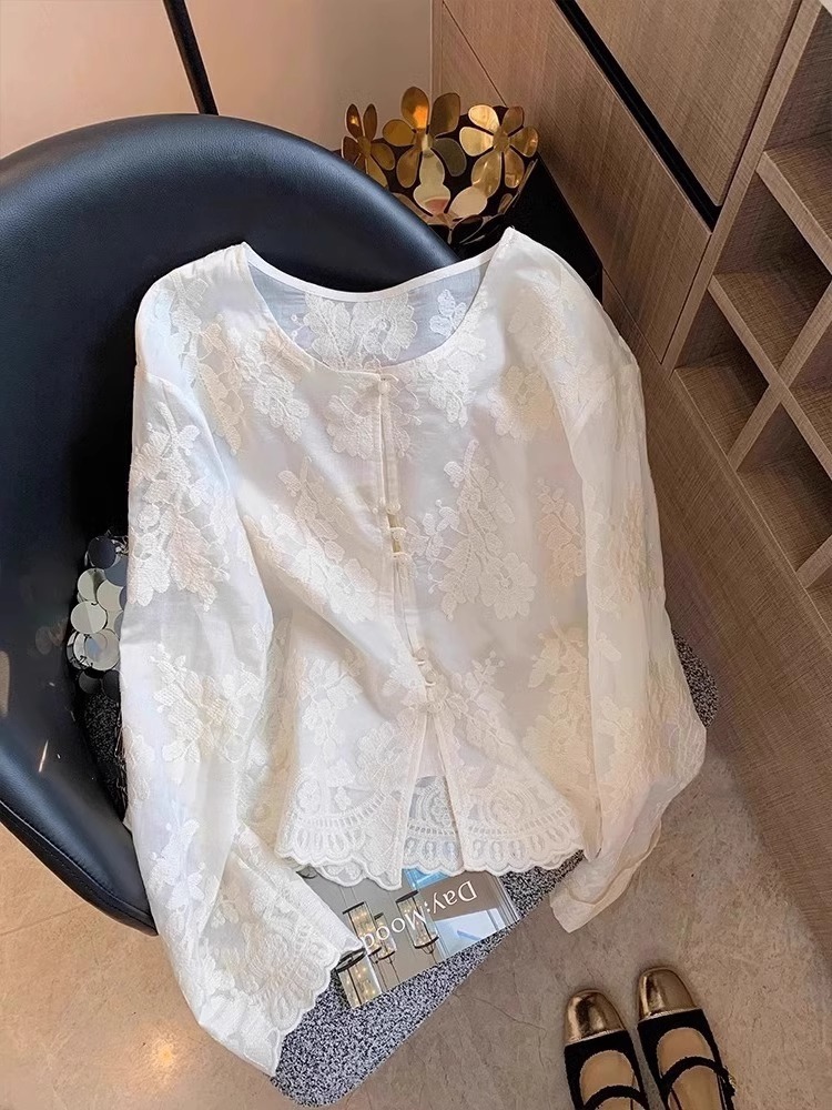 Áo sơ mi ren trắng phong cách Trung Quốc mới, dáng rộng, tay ngắn, chống nắng mỏng mùa hè — Màu mơ ([phiên bản chống nắng một lớp]) chi tiết 1