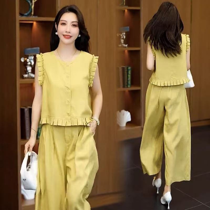 大码时尚套装女2025夏季新款洋气显瘦短袖上衣阔腿裤休闲两件套潮|undefined