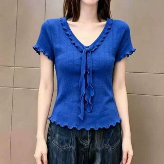 克莱因蓝短袖针织衫女夏季新款边领系带修身显瘦恤洋气
