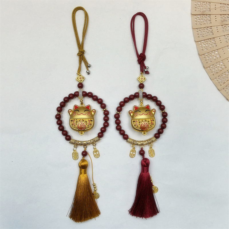 Cinnabar Car Hanging Amulet for Good Luck and Safety, New Year Red Gold-Eating Beast Lucky Cat Car Hanging Ornament Wholesale