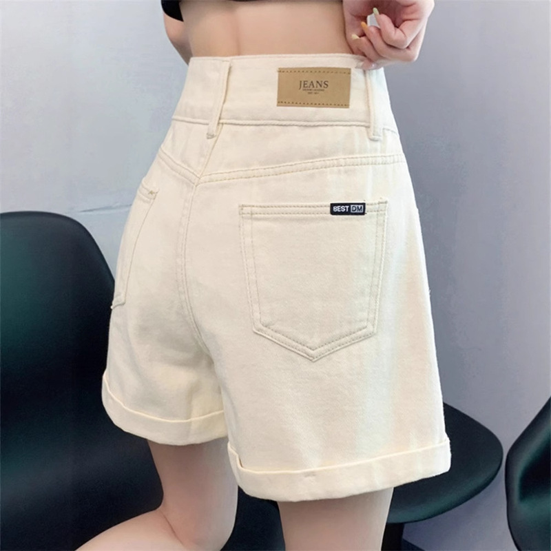 Off-White Rolled Hem Denim Shorts for Women, Summer New Design, High-Waisted, Slimming, Petite, Wide-Leg A-Line Hot Pants