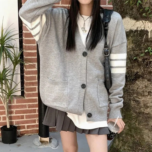Women's Autumn/Winter Color-blocked Knit Cardigan Sweater with Striped Sleeve, Loose Fit Overcoat for College Style