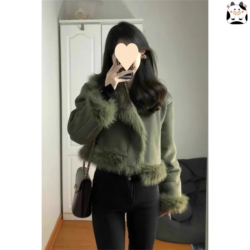 Fur Integrated Suede Short Jacket for Women in Autumn and Winter New Style Small Fragrance Style High-End Loose Thickened Motorcycle Jacket Top