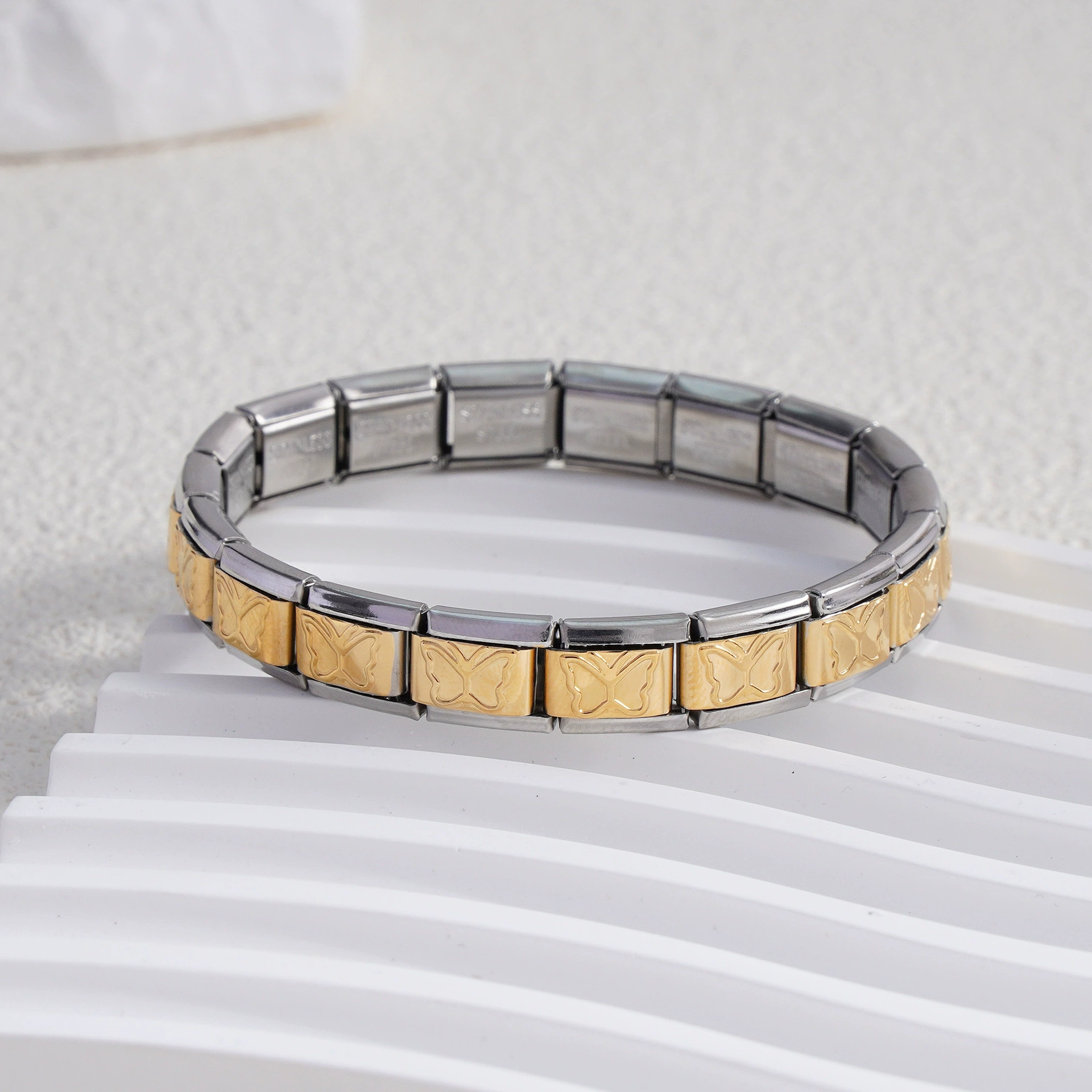 stainless steel bracelet, removable elastic link watch strap, italian european style, assorted charms
