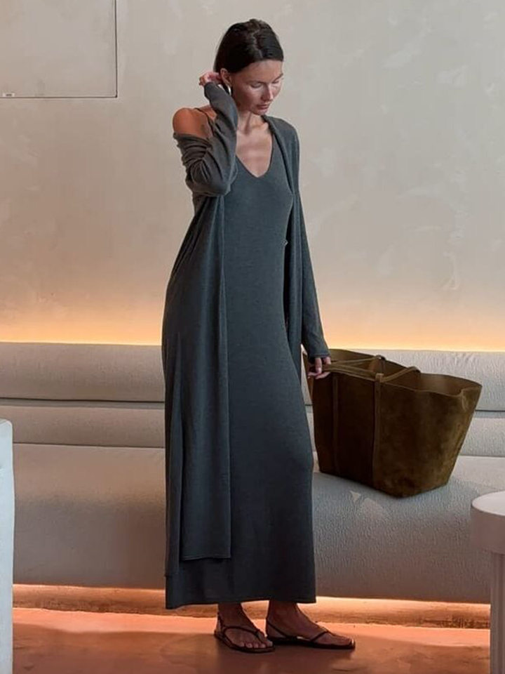 Bộ đầm dài kèm áo cardigan dệt kim dài tay nữ — Màu cà phê đậm, Màu hồng, Màu trắng, Màu xám chi tiết 97