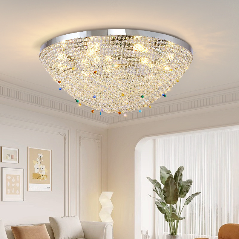 Round Multicolored Crystal Ceiling Light, Cream-Style Crystal Ceiling Light, Crystal Ceiling Light Suitable for Low Ceilings