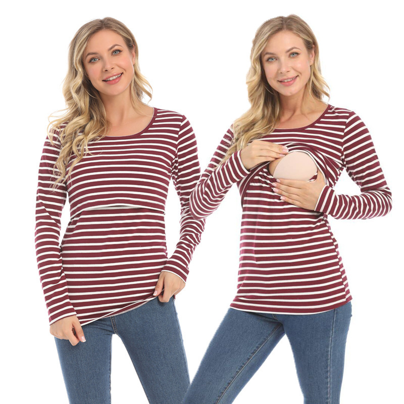 2025 Pregnant Women Striped Long-sleeved T-shirt Outer Wear Spring and Autumn Hot Mom Pure Cotton Top Lift Breastfeeding Top Home Base Shirt