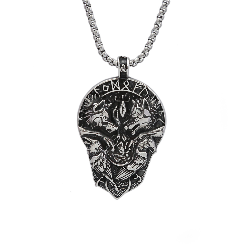 Stainless Necklace Men's Personalized Pendant Viking Double Wolf Titanium Steel Rune Jewelry_voghion.com