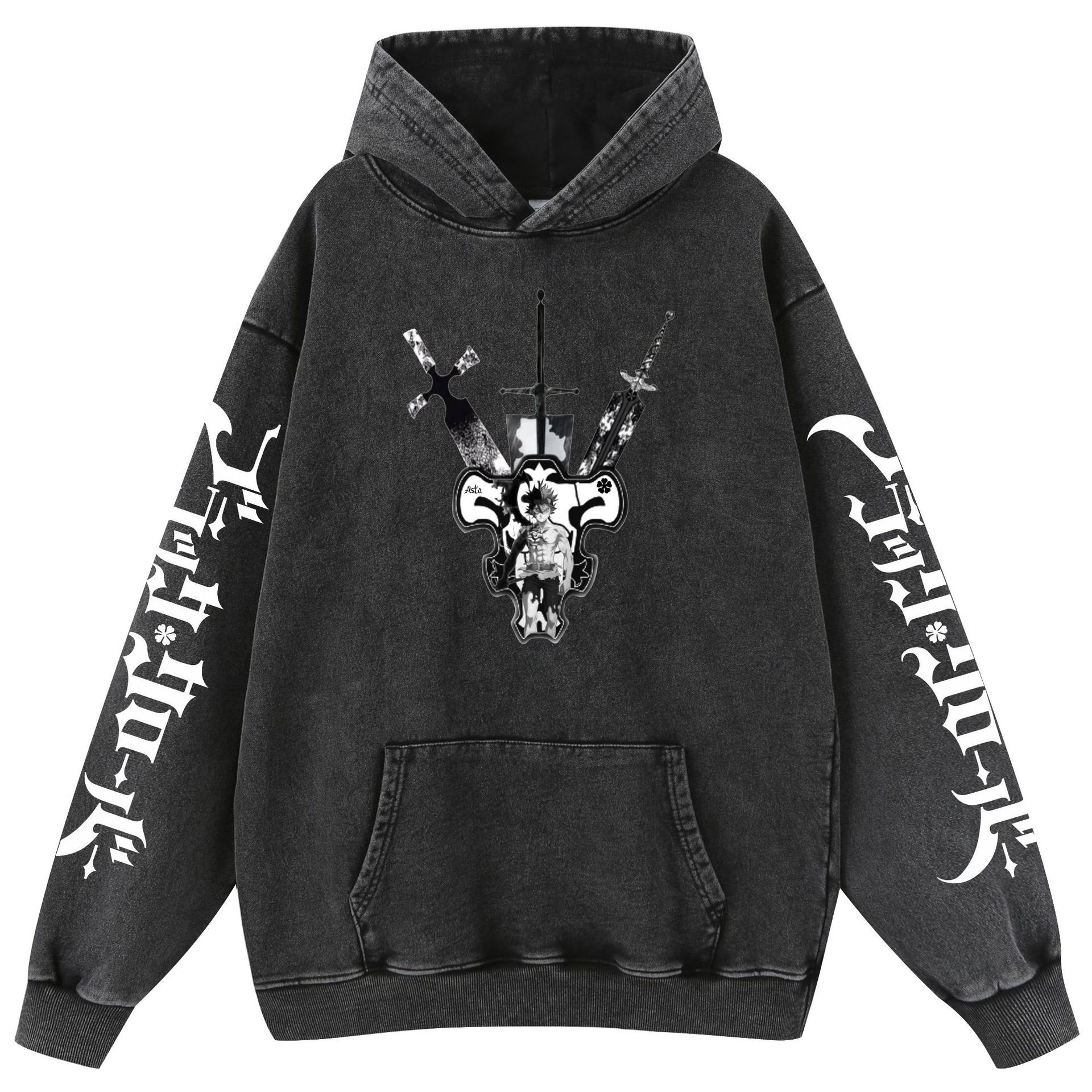 Nuevo trébol negro transfronterizo Black Clover Lavado retro viejo suéter con capucha de algodón para hombres y mujeres