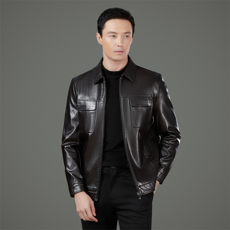Genuine Leather Jacket Men's New Autumn and Winter Goatskin Dad Leather Jacket High-End Business Casual Men's Jacket Top