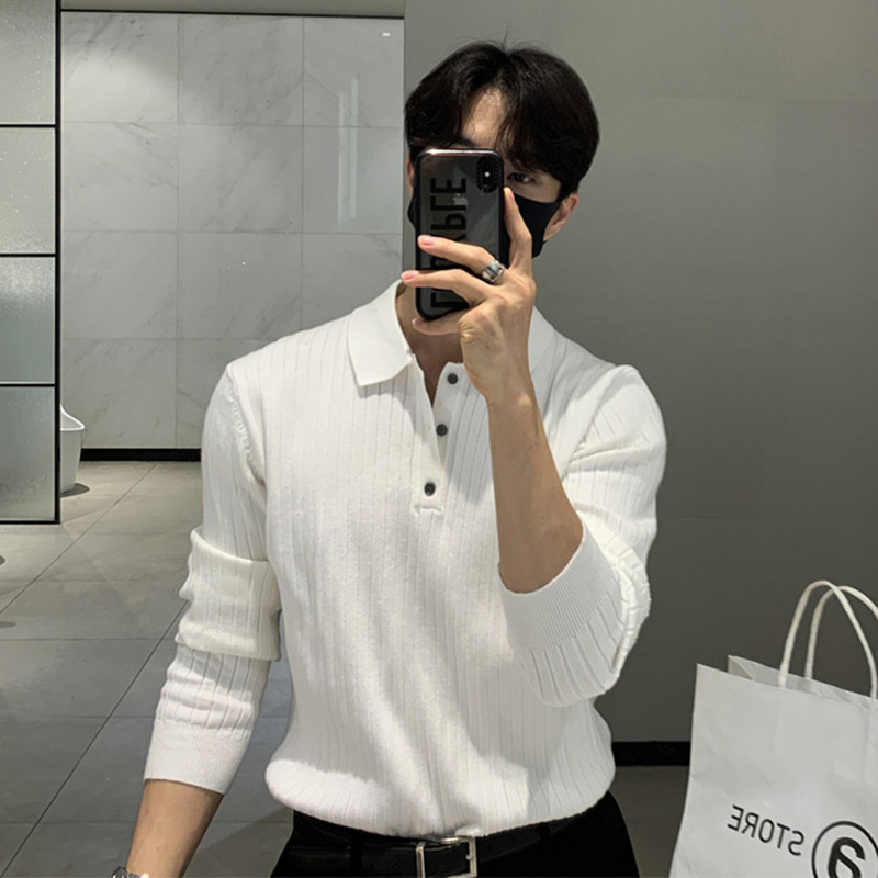 軽熟風ニットpoloシャツ男性フレンチデザイン感襟折りセーターcity boy洋服の中に長袖の服を着ます。|undefined