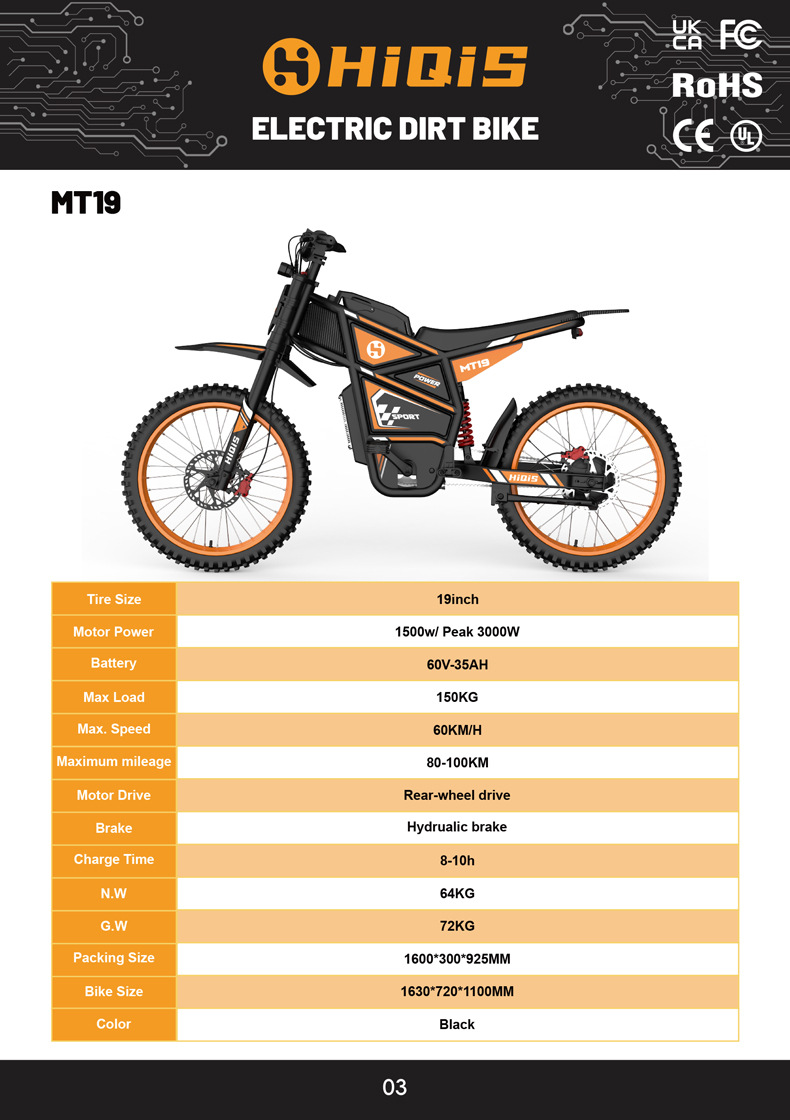 European and American Overseas Warehouse Cross-Border 19-Inch Off-Road Electric Motorcycle for Adults, 3000W Lithium Battery Mountain Bike, 60V 35Ah Electric Vehicle