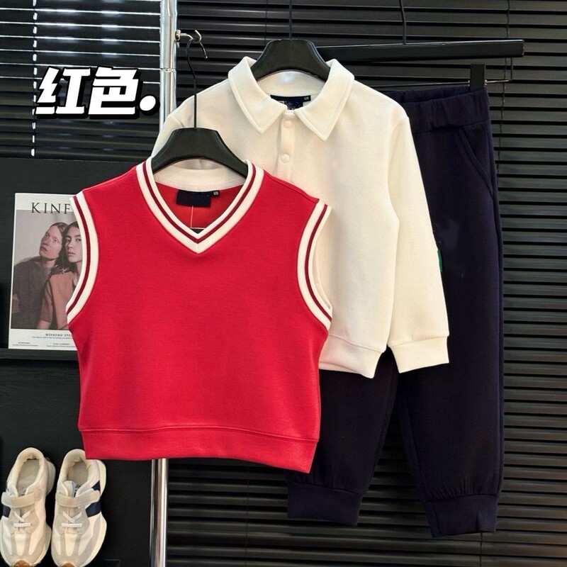 810B秋季男女童时尚简约百搭学院风飞1了马甲POLO卫裤三件套装|undefined