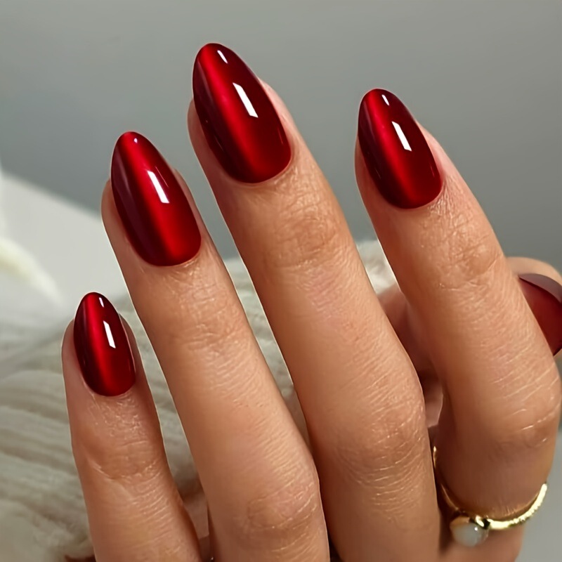 Cross-Border Hot-Selling Elegant 30-Piece Almond-Shaped Cherry Red Cat-Eye Wearable Nails Ins Same Style Press-On Nails