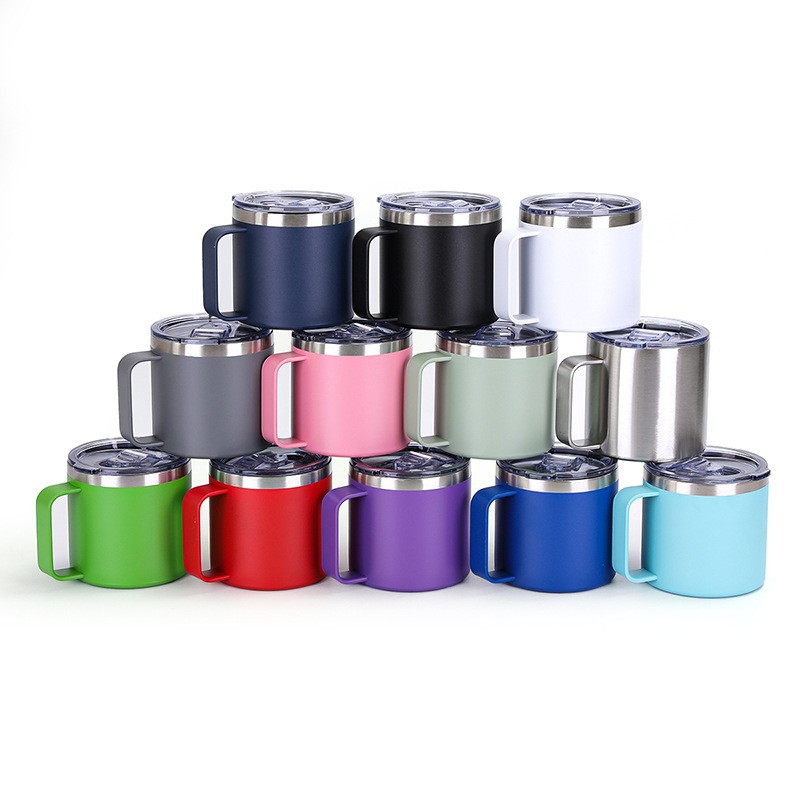 Suministro exclusivo transfronterizo de tazas con aislamiento al vacío de doble capa de acero inoxidable 304, taza de oficina estilo americano de 14 oz con asa.