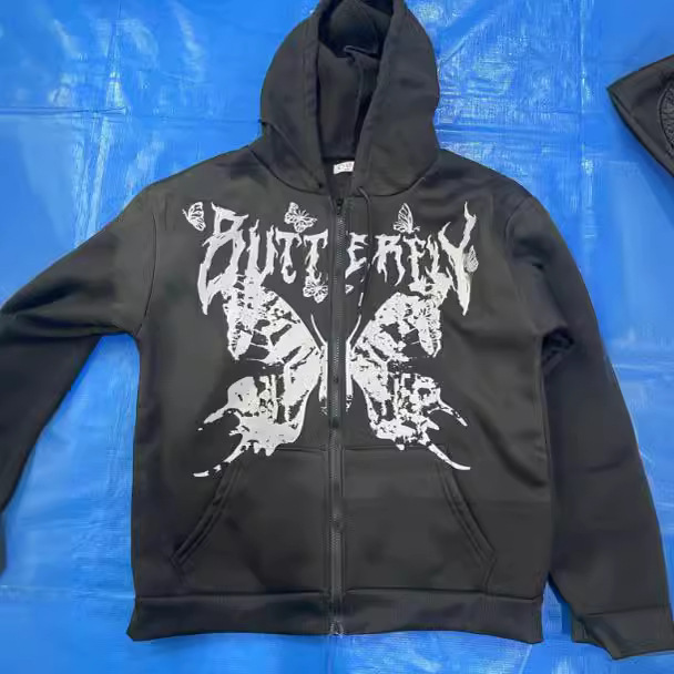 Men's Clothing Trendy Personality Butterfly Print Sweatshirt Men's High Street Fashion Brand Loose Casual Couple Hooded Cardigan_voghion.com