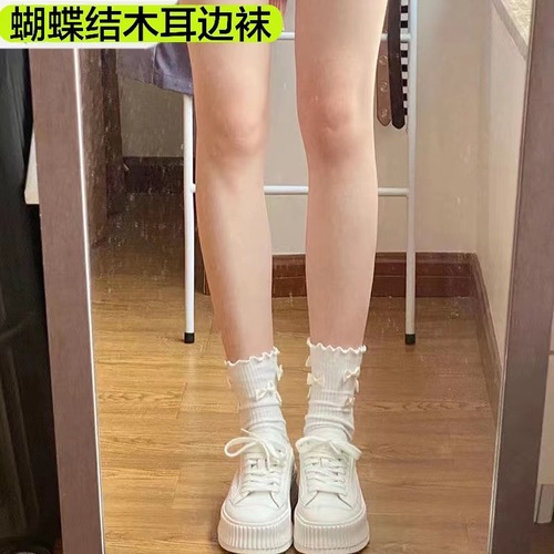 Japanese cute bow-tie ear-rimmed socks for women in spring and summer sweet girl mid-calf socks jk uniform lace socks