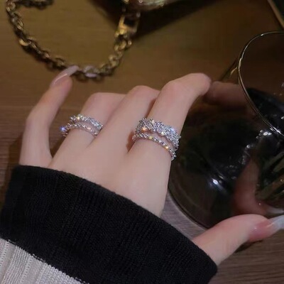 抖音同款双层满钻戒指女2022年新款小众设计几何麦穗开口食指戒