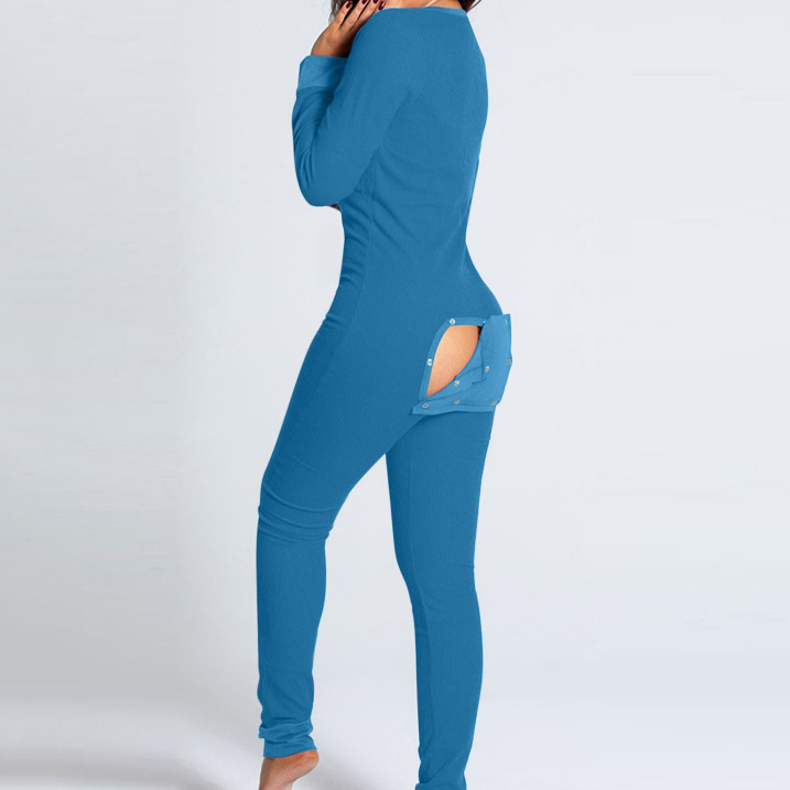Foreign Trade Autumn and Winter European and American Button Flip Adult Pajamas Front Functional Blue Long-Sleeved Home Wear Jumpsuit Foreign Trade Autumn and Winter European and American Button Flip Adult Pajamas Front Functional Blue Long-Sleeved Home Wear Jumpsuit